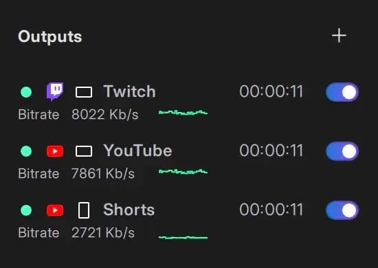 Outputs panel with Twitch YouTube and Shorts live.